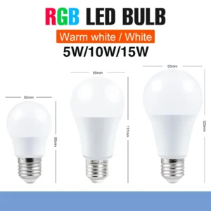 لمبة LED RGB ملونة 220 فولت، 16 لونًا قابلة للتعتيم، مزودة بجهاز تحكم عن بعد IR، مثالية لتزيين المنزل، متوفرة بقدرات 5 واط، 10 واط، و15 واط.