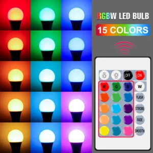 لمبة LED RGB ملونة 220 فولت، 16 لونًا قابلة للتعتيم، مزودة بجهاز تحكم عن بعد IR، مثالية لتزيين المنزل، متوفرة بقدرات 5 واط، 10 واط، و15 واط.